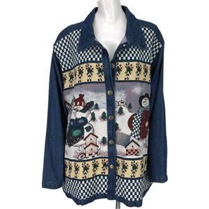 Vintage Quacker Factory Womens 2X Holiday Denim Jean Jacket Snowman Christmas